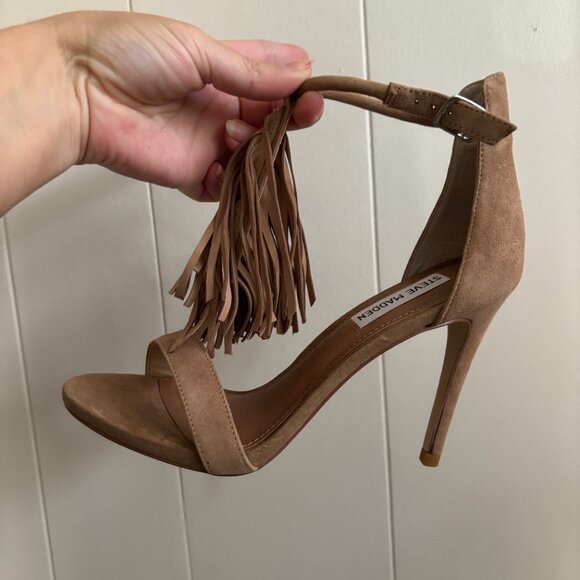 Steve Madden Sashi Fringe Suede Sandals High Heels Taupe Tan 7.5 - Picture 8 of 12